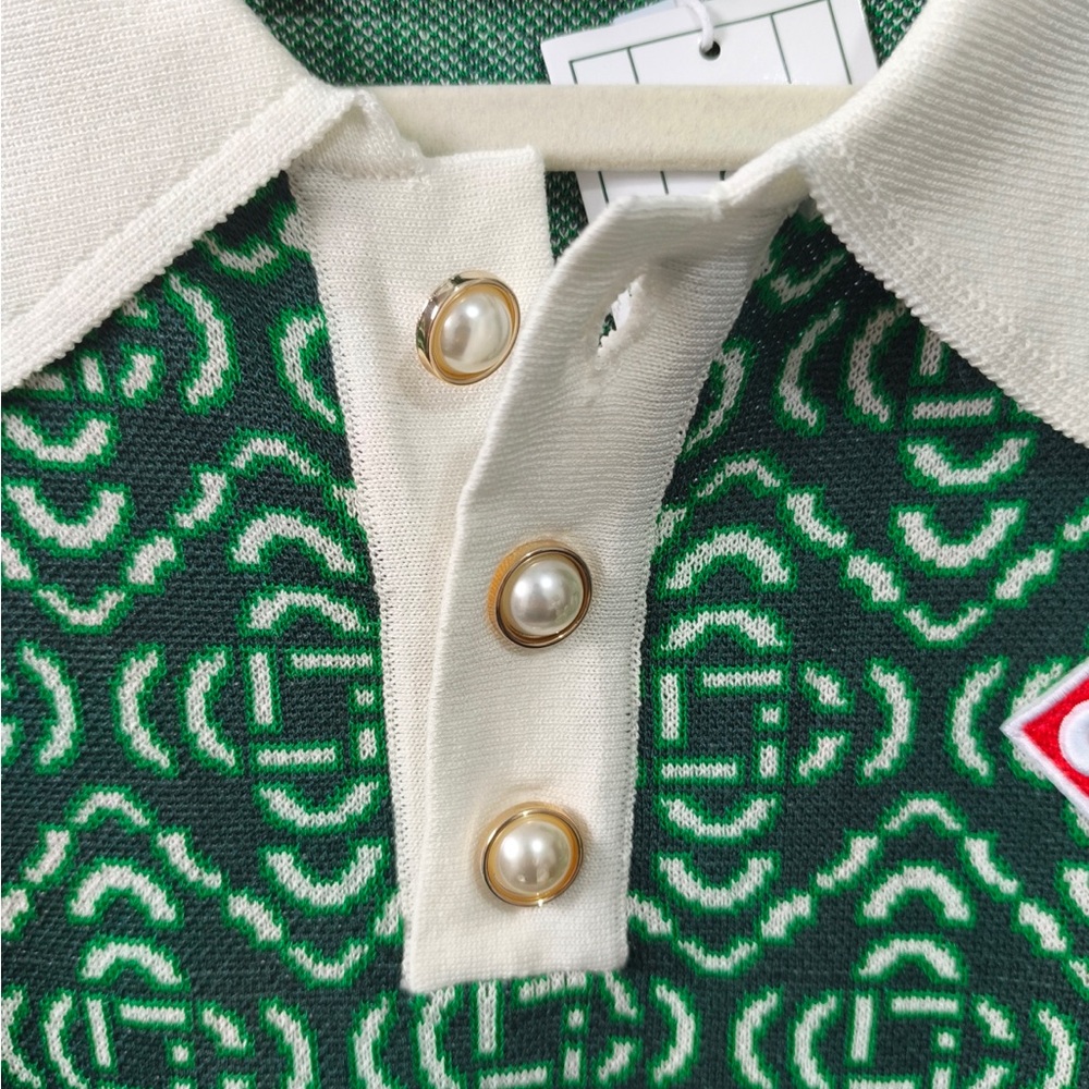 Casablanca Green Patterned Short-Sleeve Polo Knit Top with Ivory Collar - Picture 4 of 7